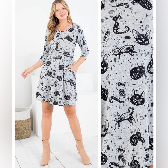 Crystal Cats Print 3/4 Sleeves Sweater Dress With Pockets - Picture 1 of 7